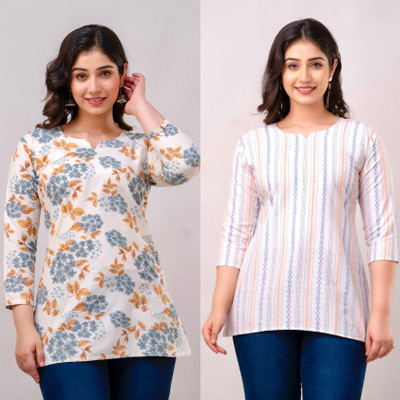 VROEGER Women Printed Straight Kurta(Grey, White)