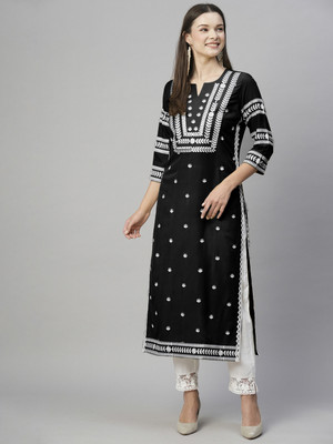 DHEA FASHION Women Embroidered A-line Kurta(Black)
