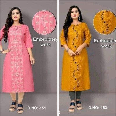 Ladylaz Women Embroidered Straight Kurta(Pink, Yellow)