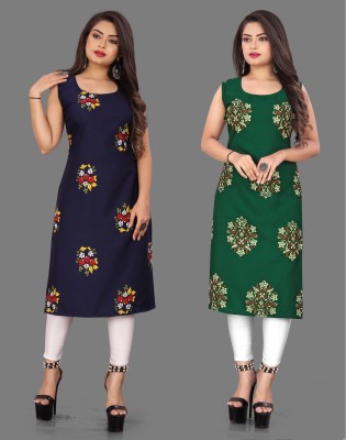 Hiral Creation Women Printed Straight Kurta(Green, Dark Blue)