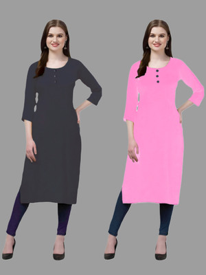 HOFC Women Solid Straight Kurta(Grey, Pink)