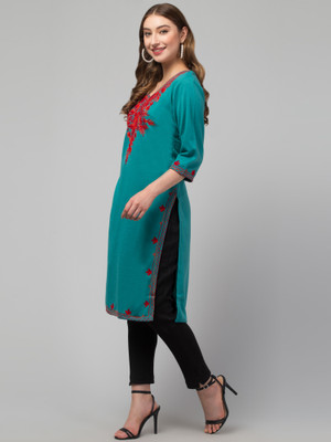 DIAMOND RUBY Women Embroidered A-line Kurta(Green)
