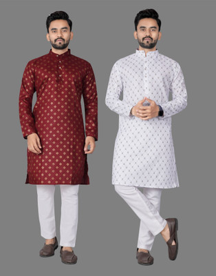 DHASU TRENDZ Men Printed Straight Kurta(Maroon, White)