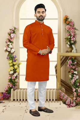 Shree Dutt Creation Men Solid Straight Kurta(Orange)