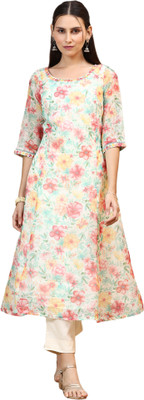 Aurelia Women Floral Print A-line Kurta(Green)