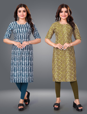 MOBHISA Women Printed Straight Kurta(Brown)