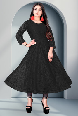 NISHU FASHION MART Women Self Design Straight Kurta(Black)