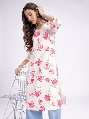 Anouk Rustic Women Floral Print Straight Kurta(White)