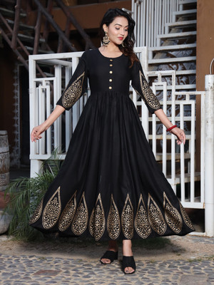 AASHLEY Women Printed Flared Kurta(Black)