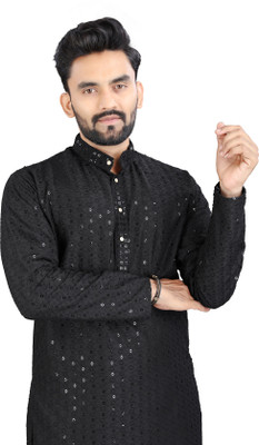 Shree Dutt Creation Men Embellished Straight Kurta(Black)