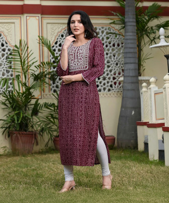 YANDZONE Women Printed Straight Kurta(Brown)