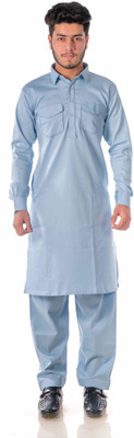 Whitelines Men Solid A-line Kurta(Light Blue)