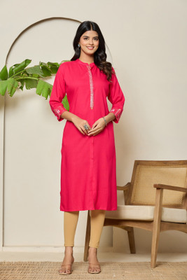 Adaa Jaipur Women Solid A-line Kurta(Pink)