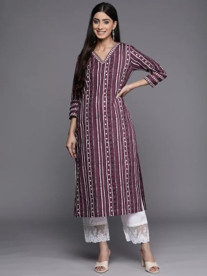 Lamba Creations Women Printed, Striped Straight Kurta(Purple)