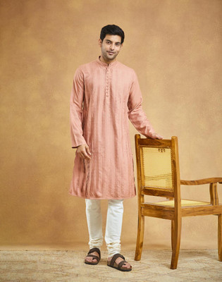 Fabindia Men Self Design Straight Kurta(Pink)