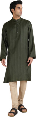 Fabindia Men Striped Straight Kurta(Green)