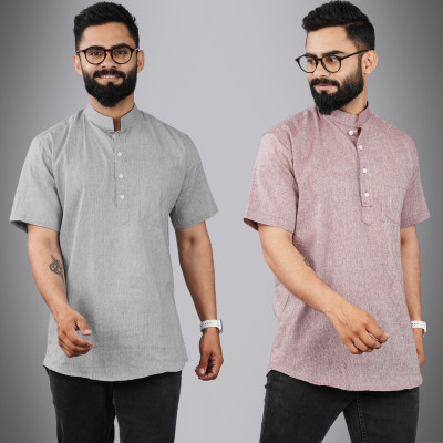 QuaClo Men Self Design Straight Kurta(Grey, Purple)