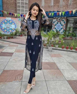 Azaan chikan hub Women Embroidered A-line Kurta(Black)