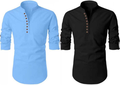 GUYS HUBB Men Solid Straight Kurta(Black, Blue)