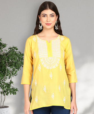Anmi Lucknawi Chikankari Chikan Embroidery, Embroidered Women A-line Kurta(Yellow, White)