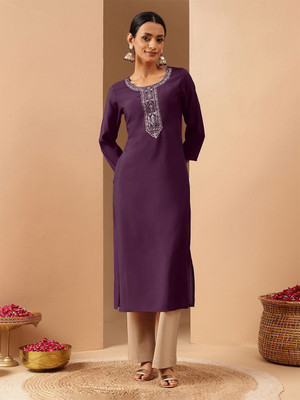 Janasya Women Embroidered Straight Kurta(Purple)