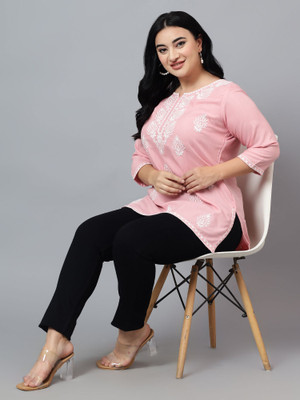 LAXMIPRIYA DESIGN Women Chikan Embroidery Straight Kurta(Pink, White)
