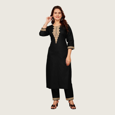 RISHABH FASHION Women Printed Flared Kurta(Black)