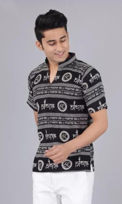 Fashion Launge Men Printed Straight Kurta(Black, White)