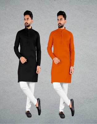 DHASU TRENDZ Men Solid Straight Kurta(Black, Orange)