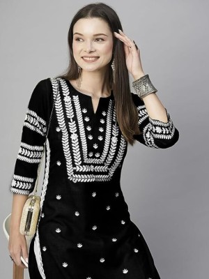 niv fashion Women Embroidered A-line Kurta(Black)