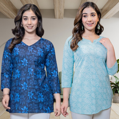 I N ENTERPRISES Women Floral Print Straight Kurta(Blue)