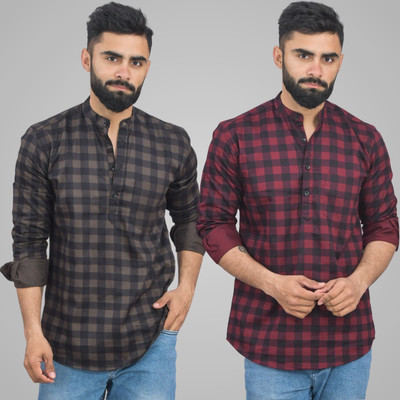 QuaClo Men Checkered Straight Kurta(Brown, Maroon)