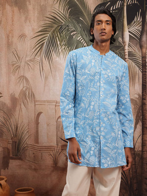 Sangria Men Printed Straight Kurta(Blue)