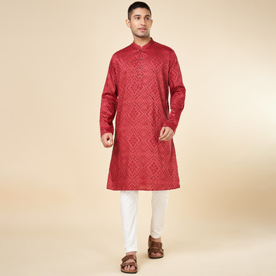Indus Route by Pantaloons Men Self Design A-line Kurta(Red)