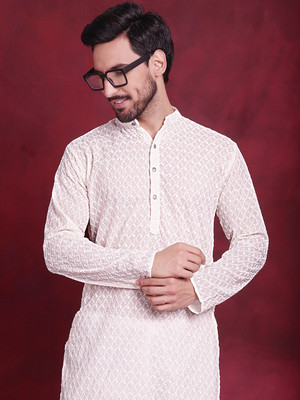 Jompers Men Self Design Straight Kurta(White)