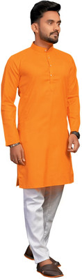 Enmozz Men Solid Straight Kurta(Orange)