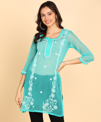 VAHSON Women Chikan Embroidery A-line Kurta(Light Green)