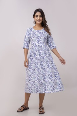 FEBYOU Women Floral Print Anarkali Kurta(Light Blue)