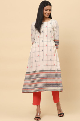 BIBA Women Striped A-line Kurta(White)