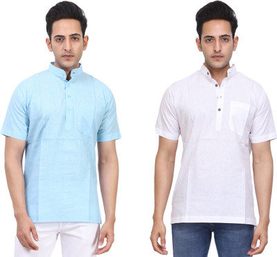 LAHSUAK Men Solid Straight Kurta(Light Blue, White)