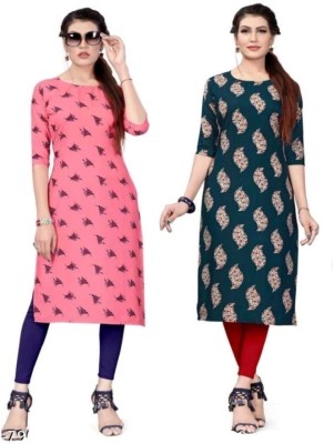 YUVI SOLANKI Women Printed A-line Kurta(Pink, Blue)