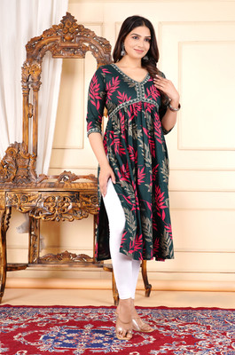 HouseOfCommon Women Printed A-line Kurta(Dark Green)