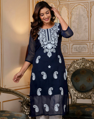 Uparna Women Chikan Embroidery, Embellished, Dyed/Ombre, Self Design Straight Kurta(Dark Blue)
