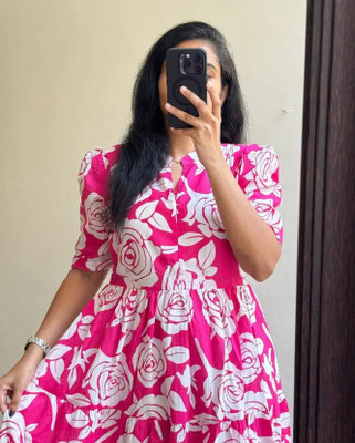The Nayahikas Women Fit and Flare Pink Midi/Calf Length Dress