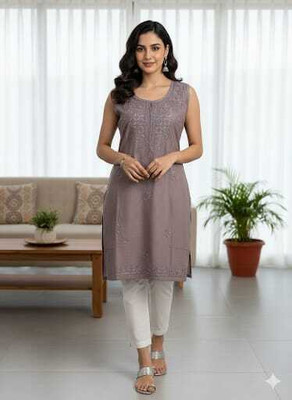 TRENDINAARI Women Embroidered Straight Kurta(Brown)