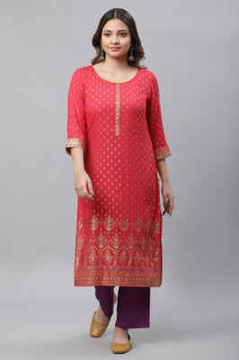 Aurelia Women Floral Print Straight Kurta(Red, Gold)