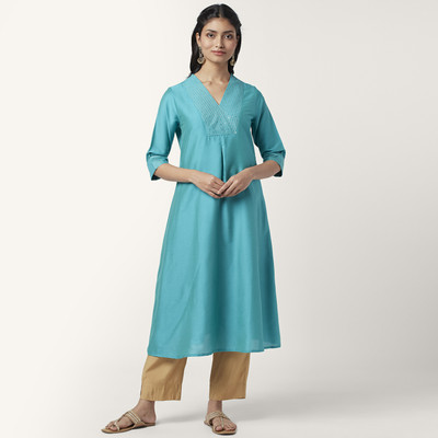 Rangmanch by Pantaloons Women Embroidered Straight Kurta(Blue)
