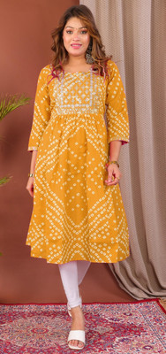 Parth f Women Bandhani A-line Kurta(Yellow)