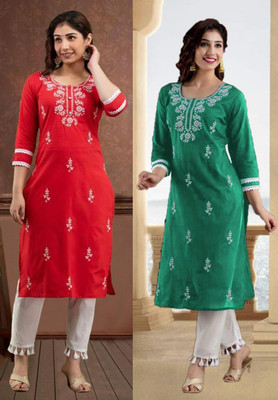 vikshi Women Chikan Embroidery A-line Kurta(Multicolor)