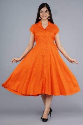 YOGUN Women Polka Print A-line Kurta(Orange)